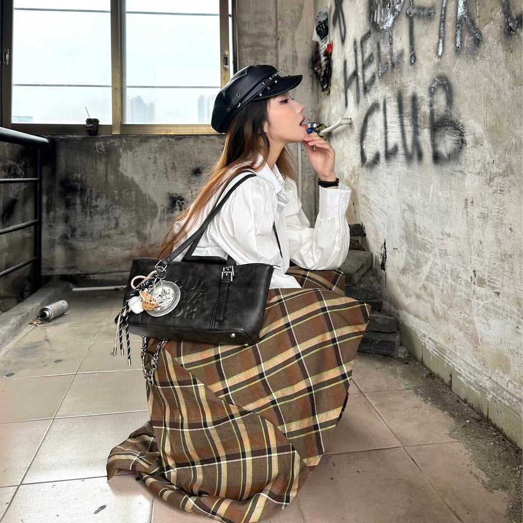 CULTIVATOR YS-24140 East-West Shoulder Bag Brown - Model Squatting Pose by Wall