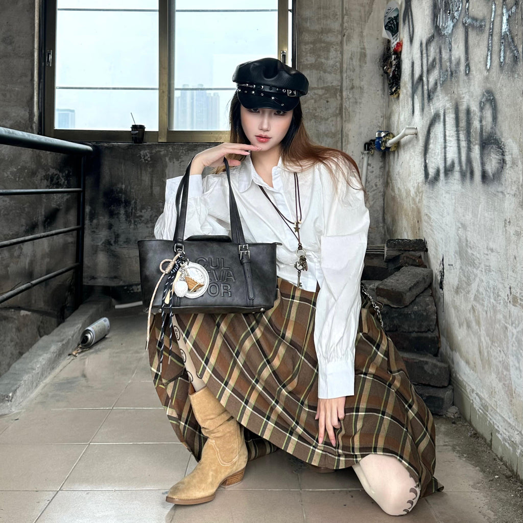 CULTIVATOR YS-24140 East-West Shoulder Bag Brown - Model Kneeling with Boots