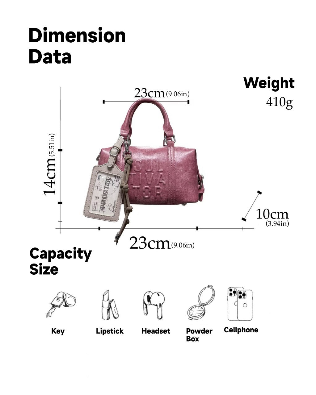 CULTIVATOR YS-24111 Mini Boston Bag Pink - Dimension and Capacity Guide