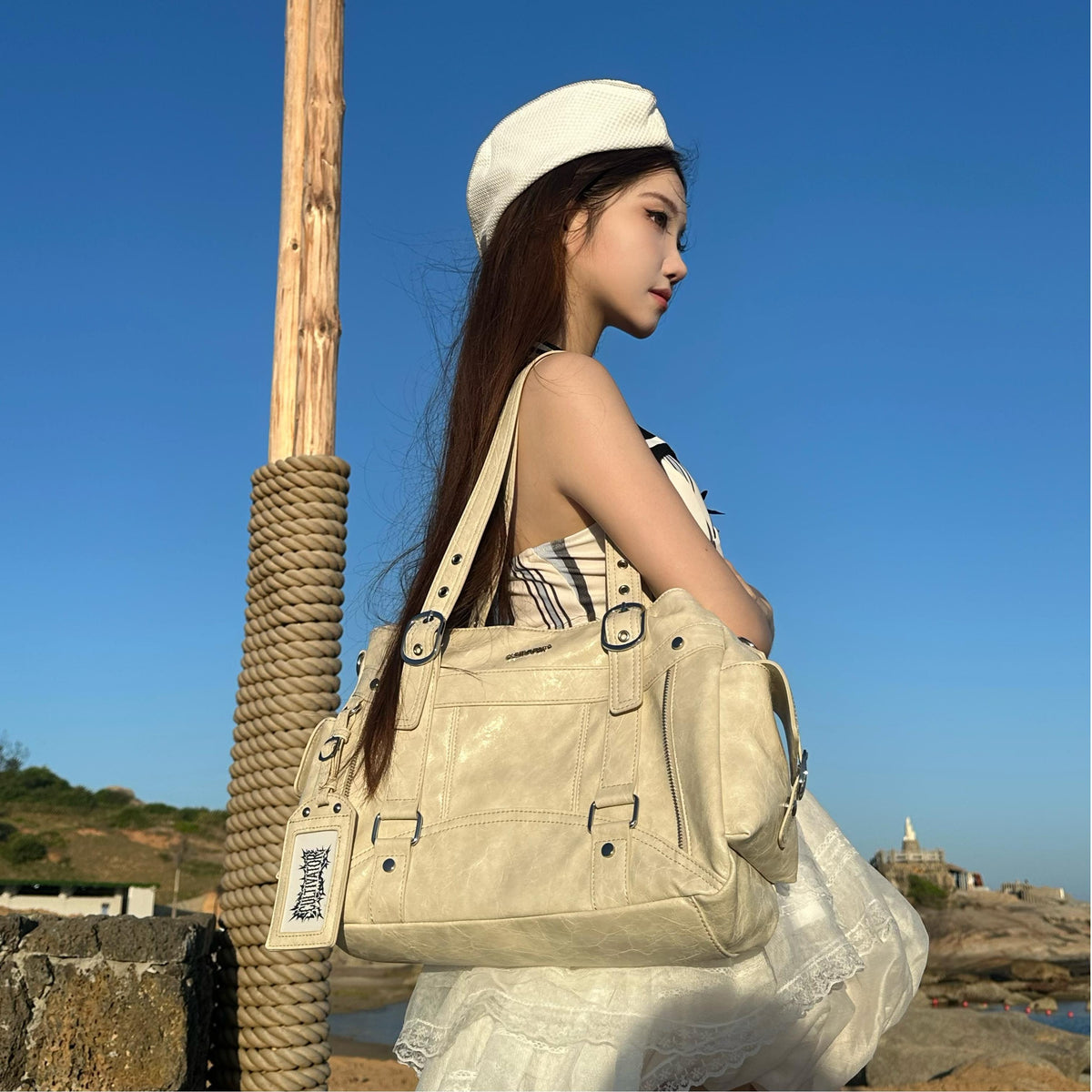 CULTIVATOR YS-25032 Moto Cargo Large Shoulder Bag White - Beach Model Standing