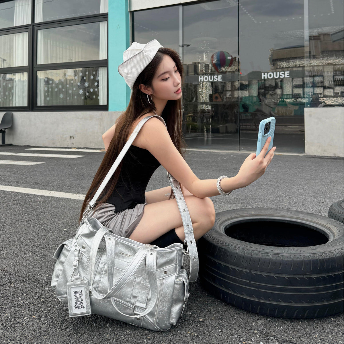 CULTIVATOR YS-25032 Moto Cargo Large Shoulder Bag Silver - Model Crouching by Tire