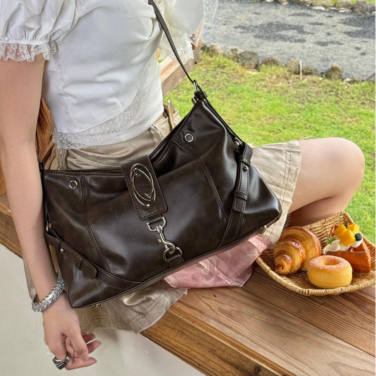 CULTIVATOR YS-25082 Crescent Hobo Shoulder Bag Brown - Model Close-up with Pastry Basket