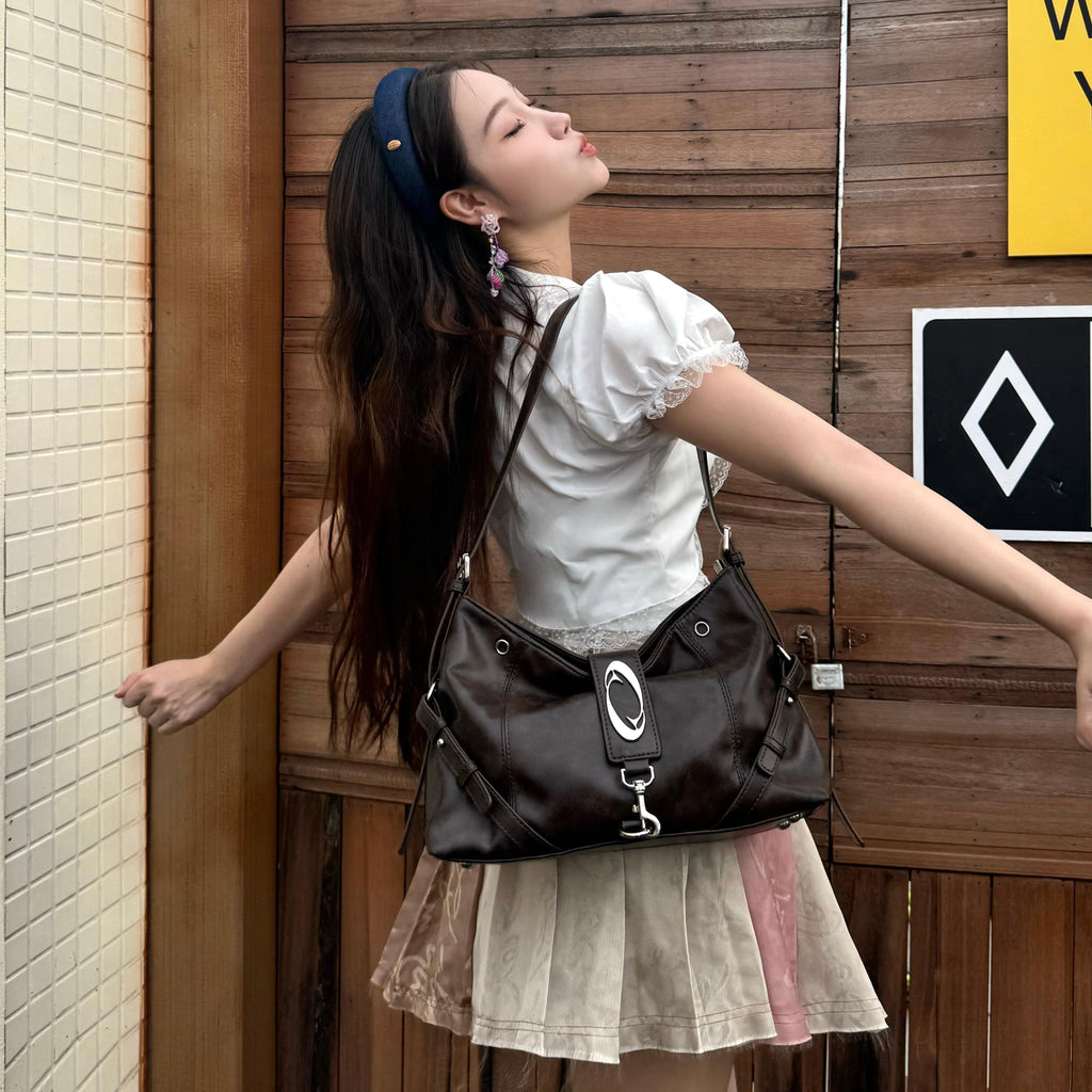 CULTIVATOR YS-25082 Crescent Hobo Shoulder Bag Brown - Model Kiss Pose by Wood Wall
