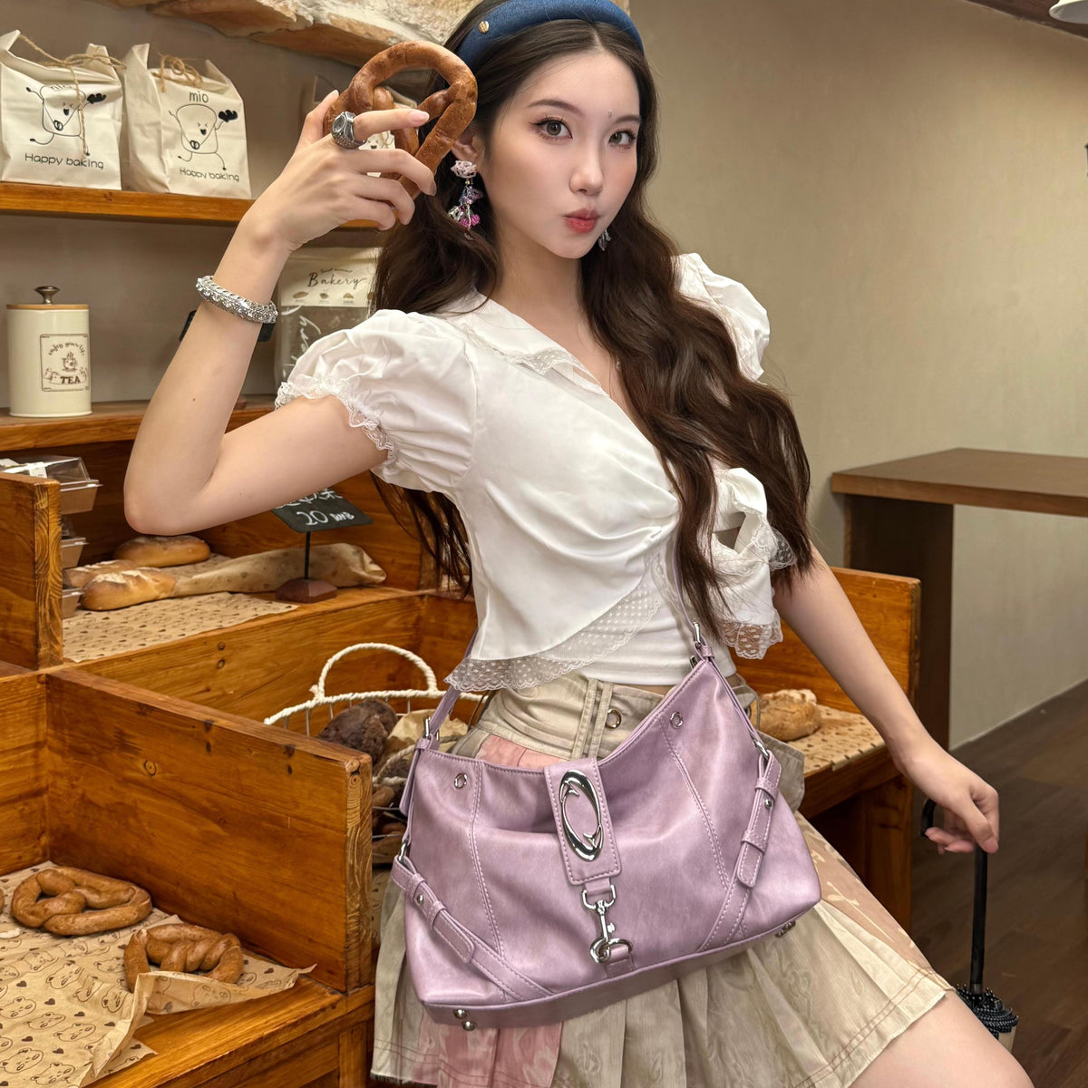 CULTIVATOR YS-25082 Crescent Hobo Bag Purple - Model Cafe Playful Pose