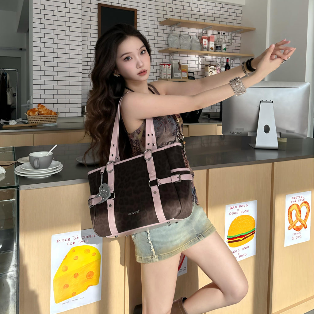 CULTIVATOR YS-25097 Leopard Commuter Tote Brown - Model Playful Pose by Counter