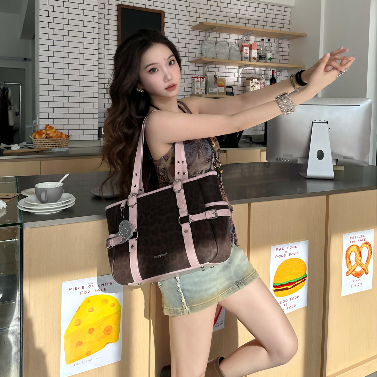 CULTIVATOR YS-25097 Leopard Commuter Tote Brown - Model Playful Pose by Counter