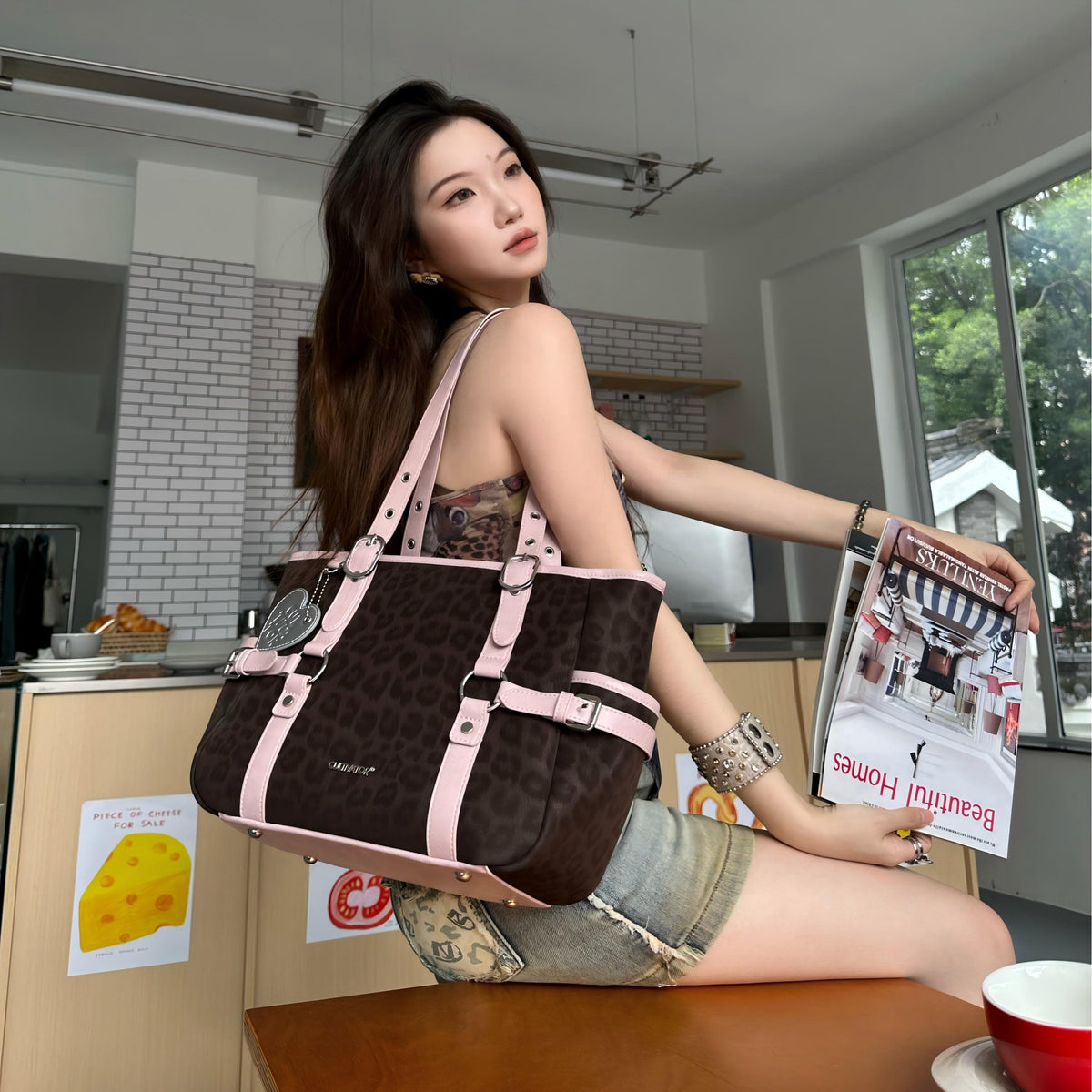 CULTIVATOR YS-25097 Leopard Commuter Tote Brown - Model on Table with Magazine