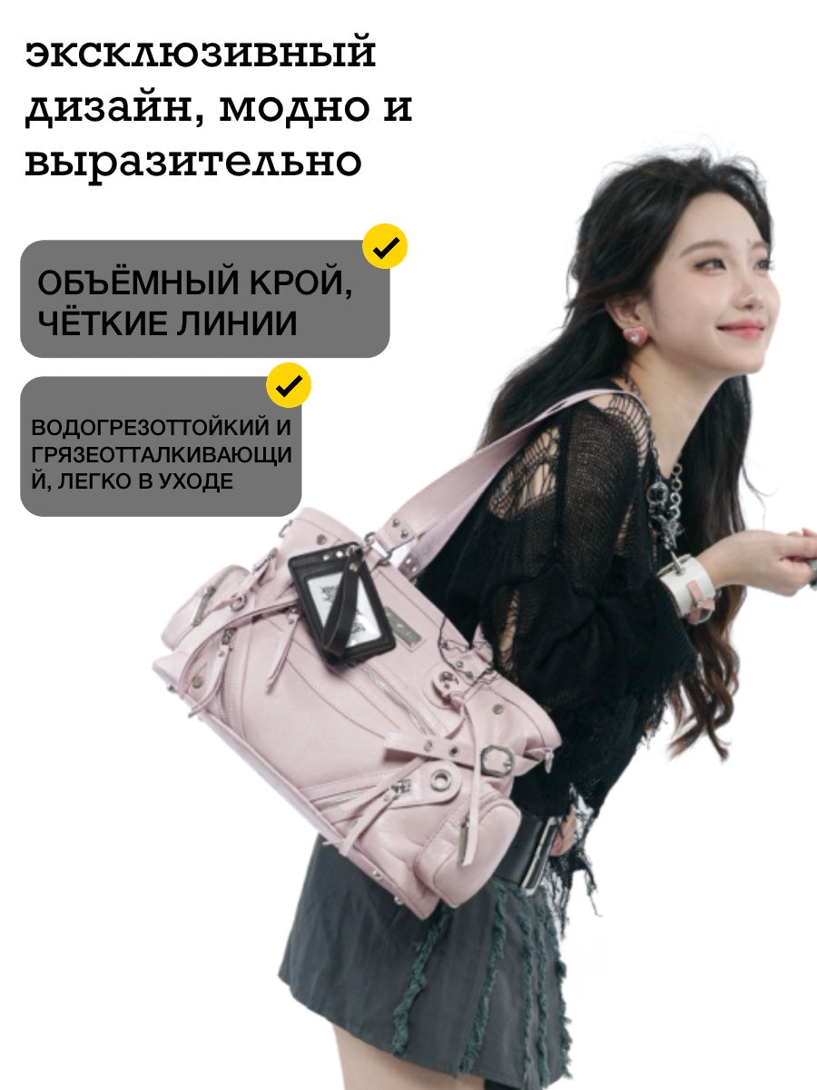 CULTIVATOR YS-25159 Moto Multi-Zip Shoulder Bag Pink - Model Street Style Walking