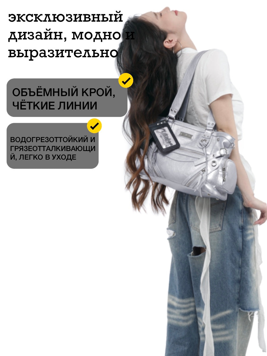 CULTIVATOR YS-25159 Moto Multi-Zip Shoulder Bag Silver - Model Leaning Back