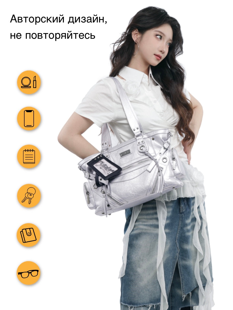 CULTIVATOR YS-25159 Moto Multi-Zip Shoulder Bag Silver - Model Standing with Bag