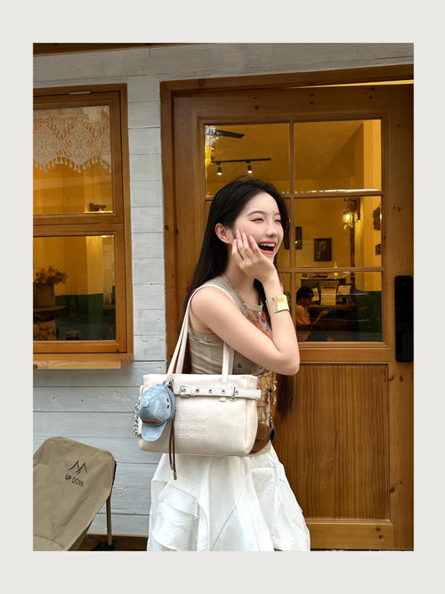 CULTIVATOR YS-26056 Belted Mini Tote Beige - Model Walking Outdoor Laughing