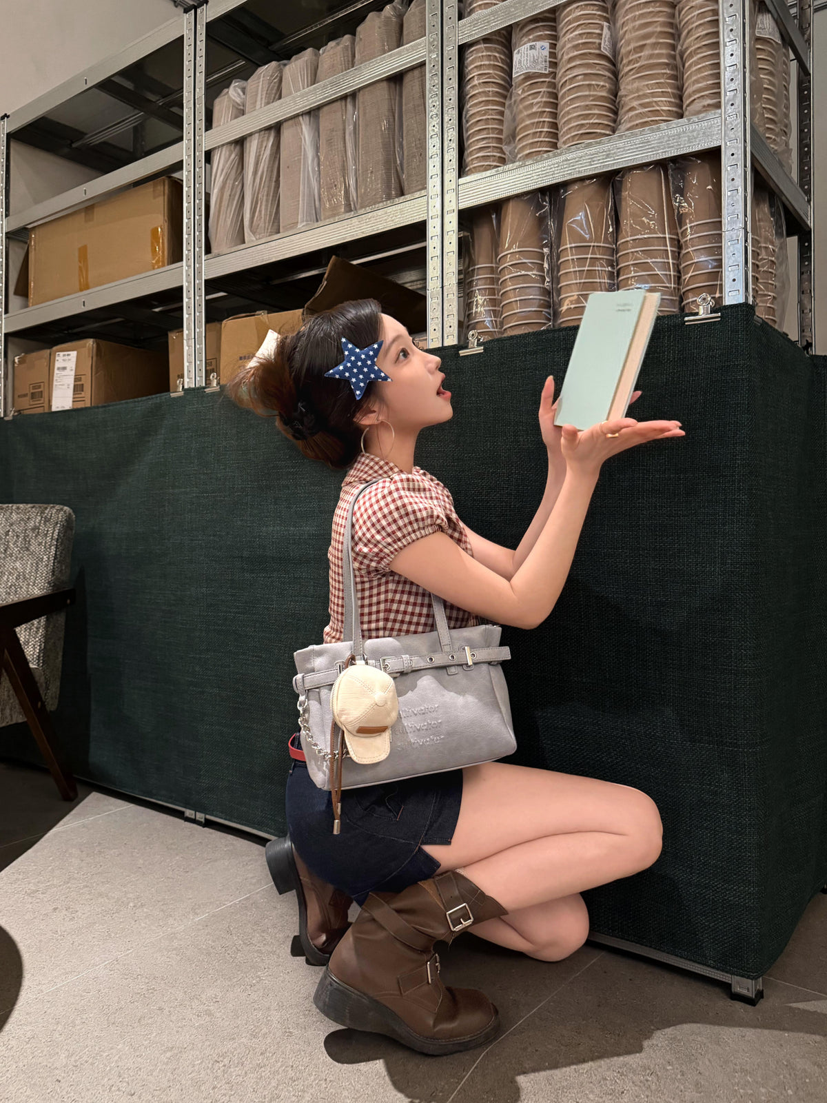 CULTIVATOR YS-26056 Belted Mini Tote Grey - Model Crouching with Book