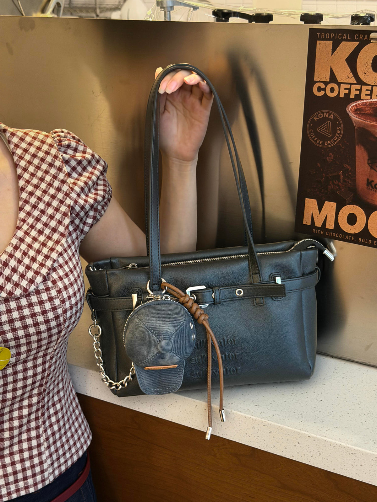 CULTIVATOR YS-26056 Belted Mini Tote Black - Model Holding Bag Up High