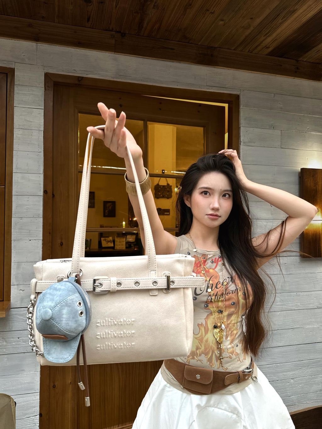 CULTIVATOR YS-26056 Belted Mini Tote Beige - Model Holding Bag Up High