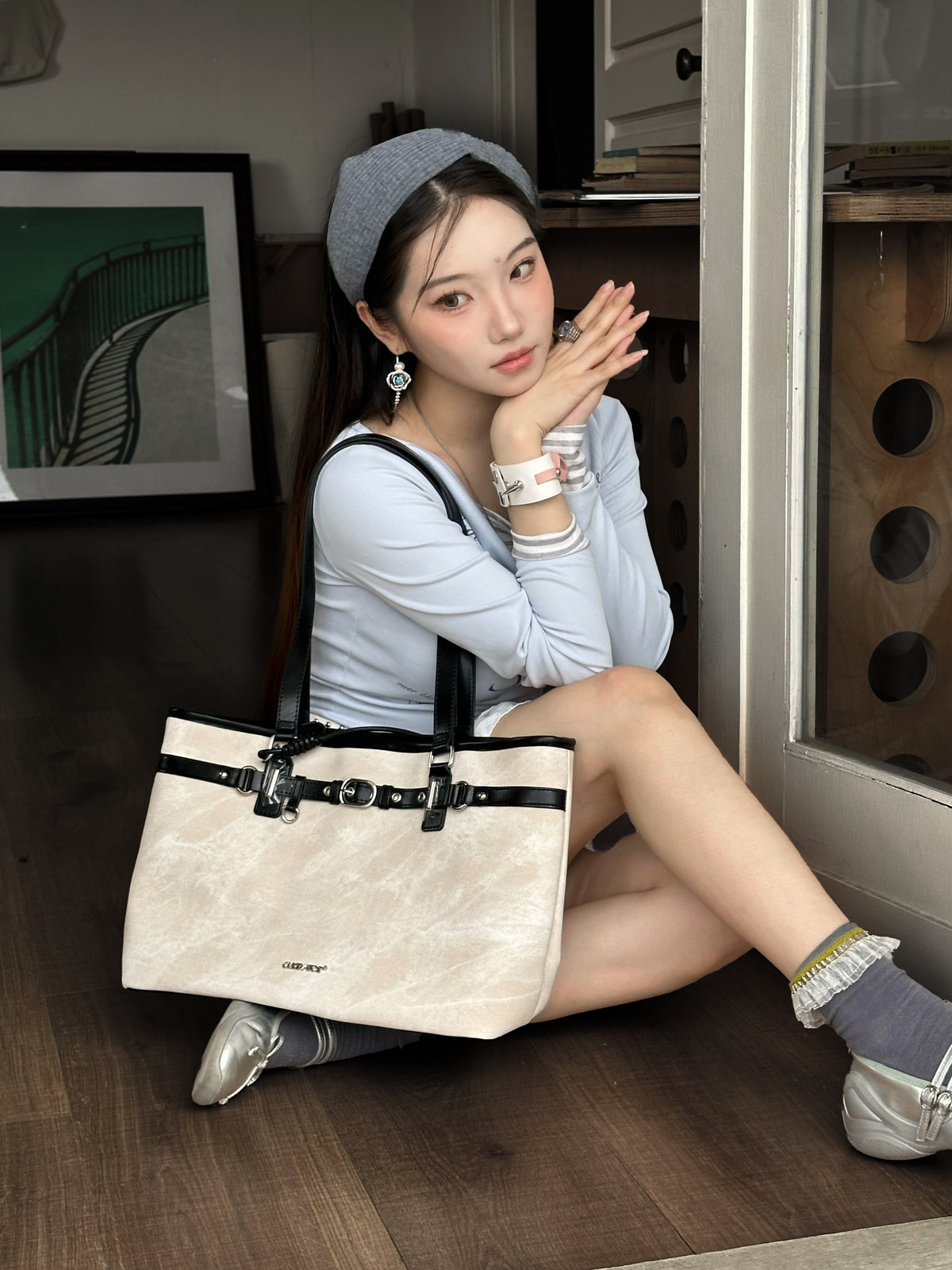 CULTIVATOR YS-26035 Belted East-West Tote White - Model Sitting Floor Pose