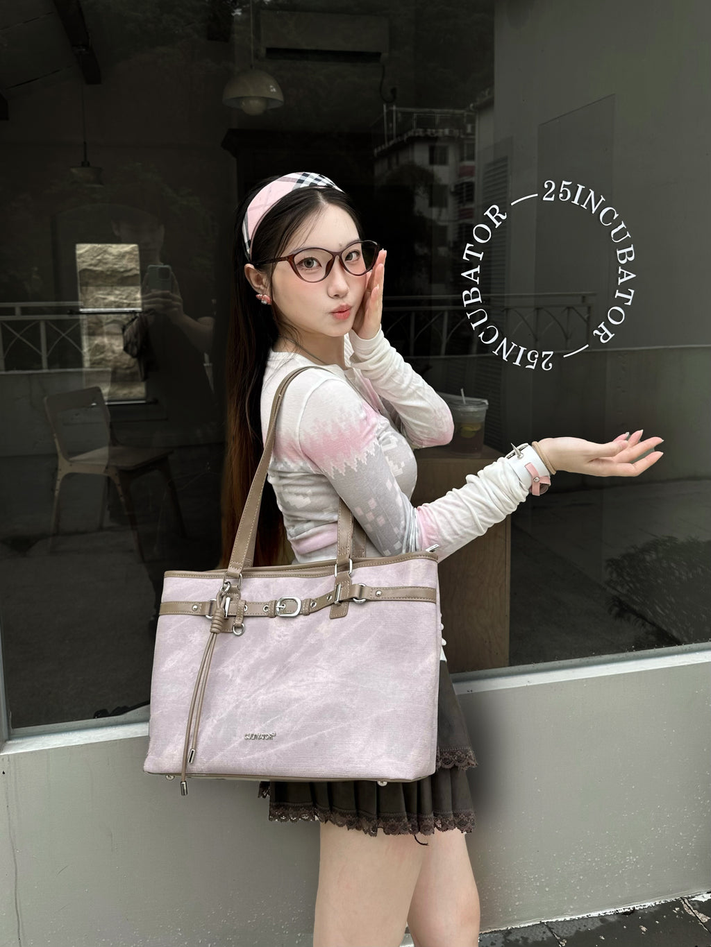 CULTIVATOR YS-26035 Belted East-West Tote Pink - Model by Window Glasses Pose