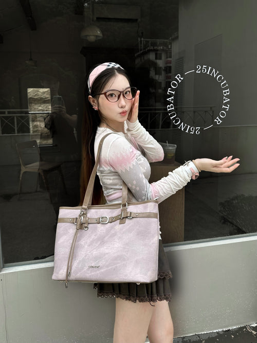 CULTIVATOR YS-26035 Belted East-West Tote Pink - Model by Window Glasses Pose