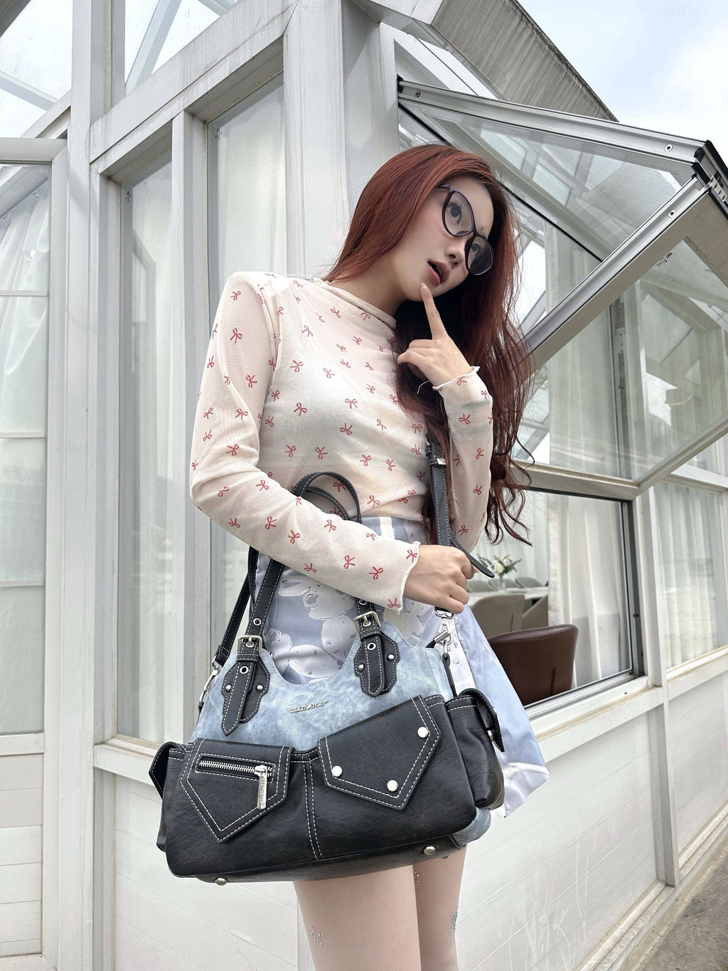 CULTIVATOR YS-23113 Cargo Shoulder Bag Blue - Model Close-up Holding Bag