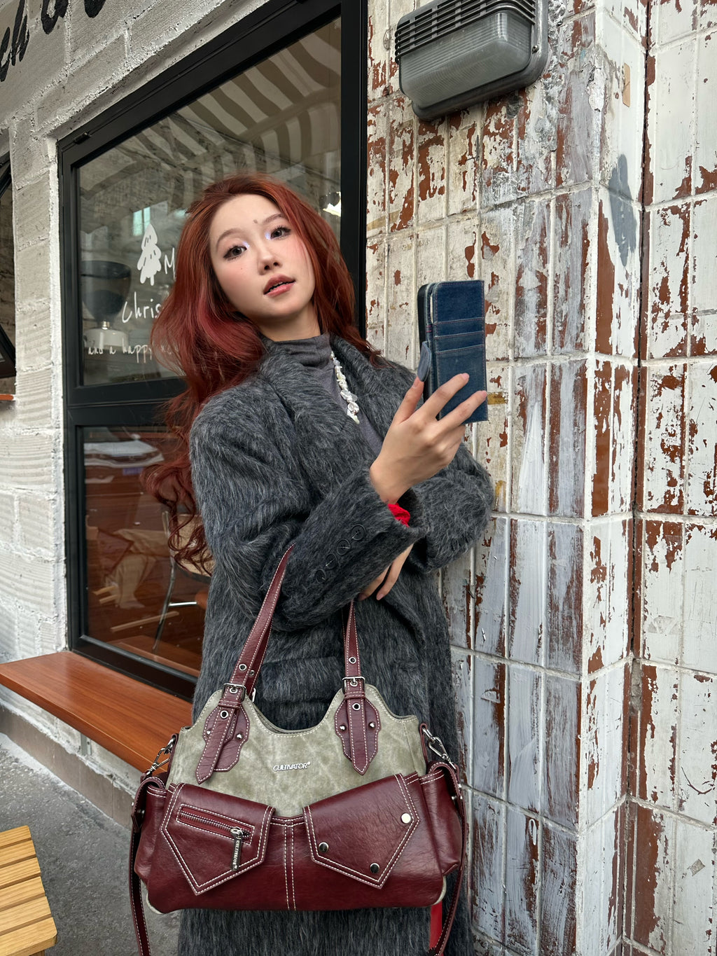 CULTIVATOR YS-23113 Cargo Shoulder Bag Burgundy - Model Close-up with Bag