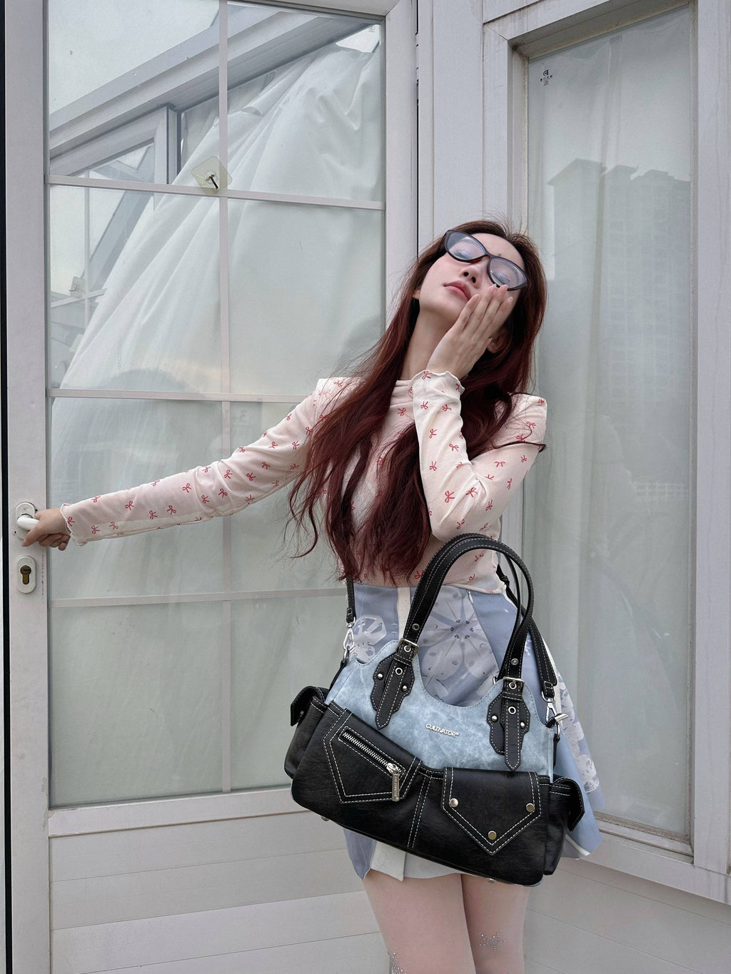 CULTIVATOR YS-23113 Cargo Shoulder Bag Blue - Model Street Style Pose