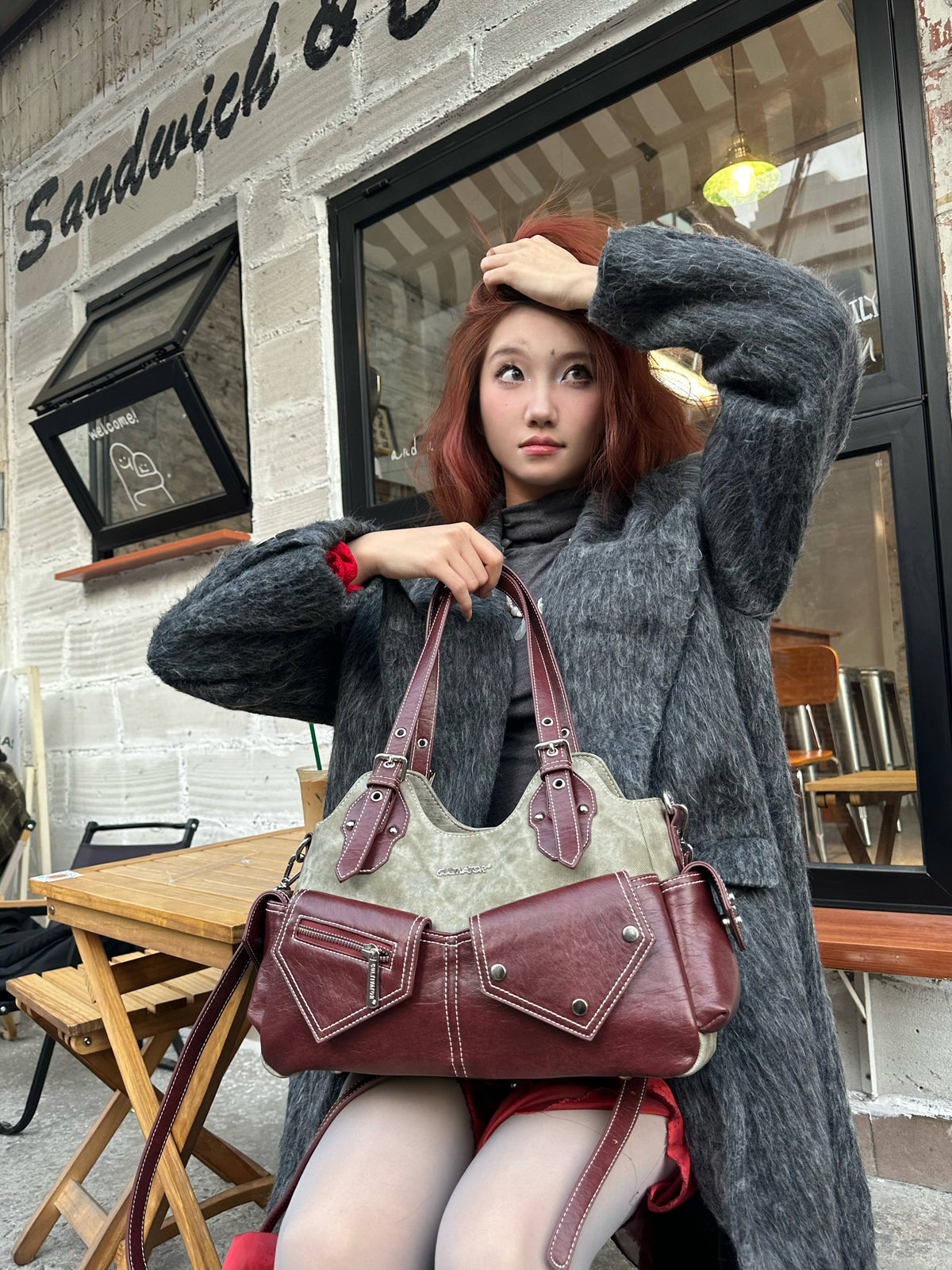 CULTIVATOR YS-23113 Cargo Shoulder Bag Burgundy - Model Lookbook Shot